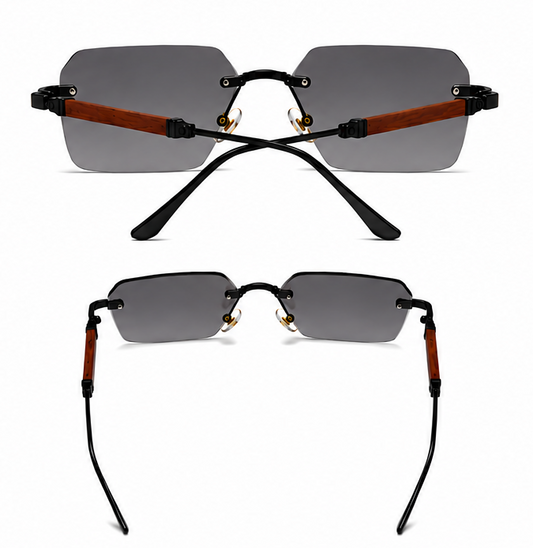 Luxury Rimless Square Sunglasses with Wooden Temples | UV400 Gradient Black Lenses for Men