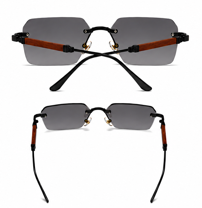 Luxury Rimless Square Sunglasses with Wooden Temples | UV400 Gradient Black Lenses for Men