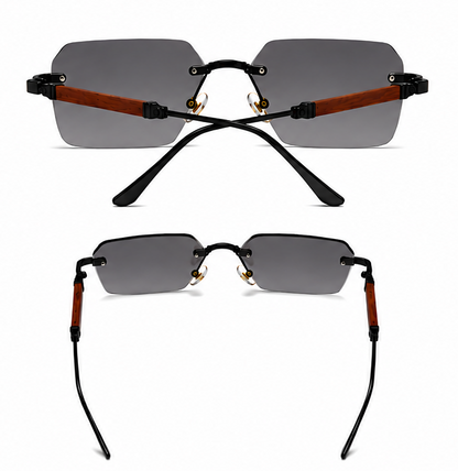 Luxury Rimless Square Sunglasses with Wooden Temples | UV400 Gradient Black Lenses for Men