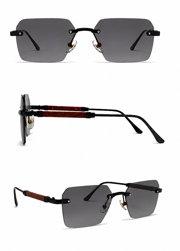 Luxury Rimless Square Sunglasses with Wooden Temples | UV400 Gradient Black Lenses for Men