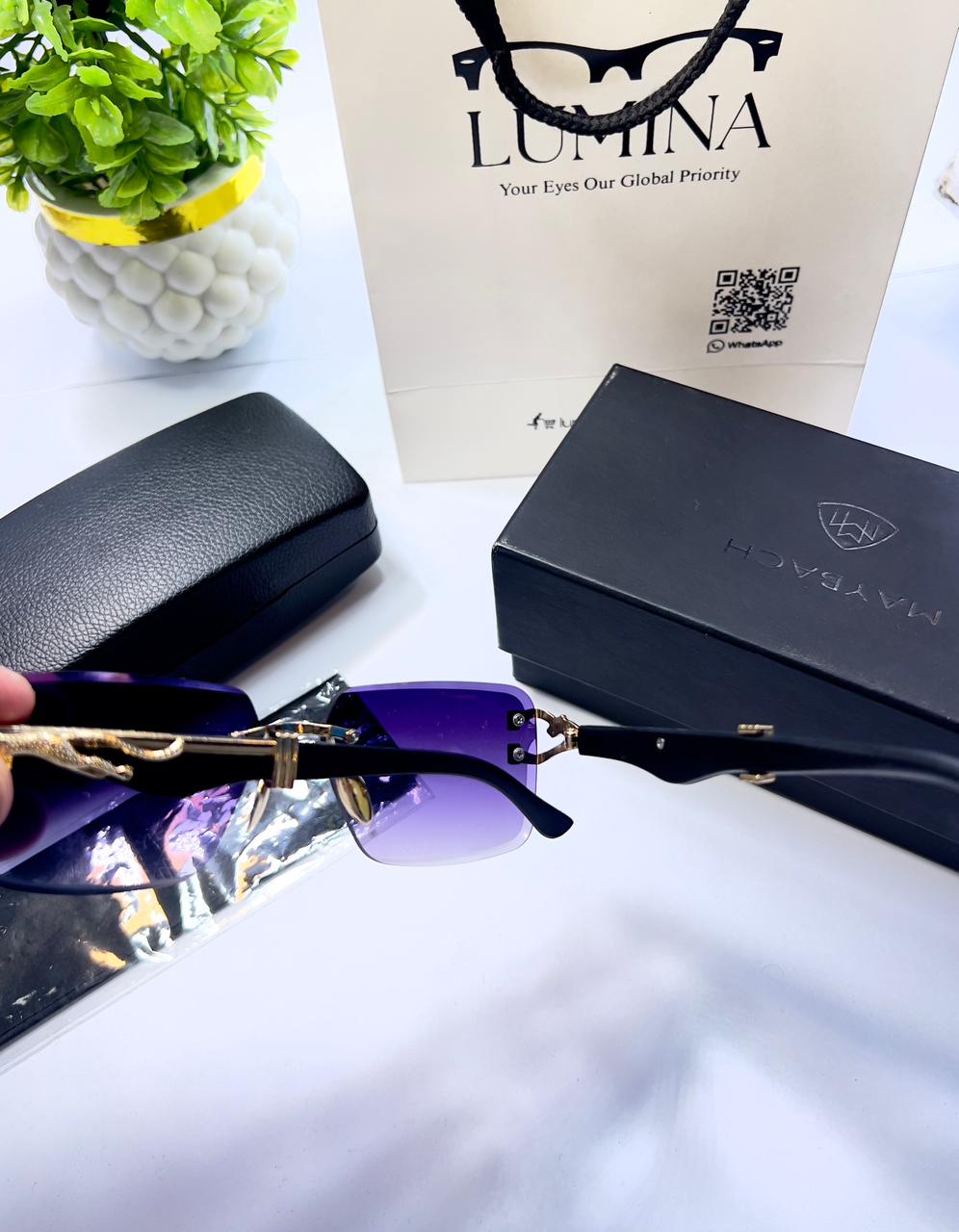 Lumina Luxe Geometric Rimless Sunglasses – Violet Gradient Edition